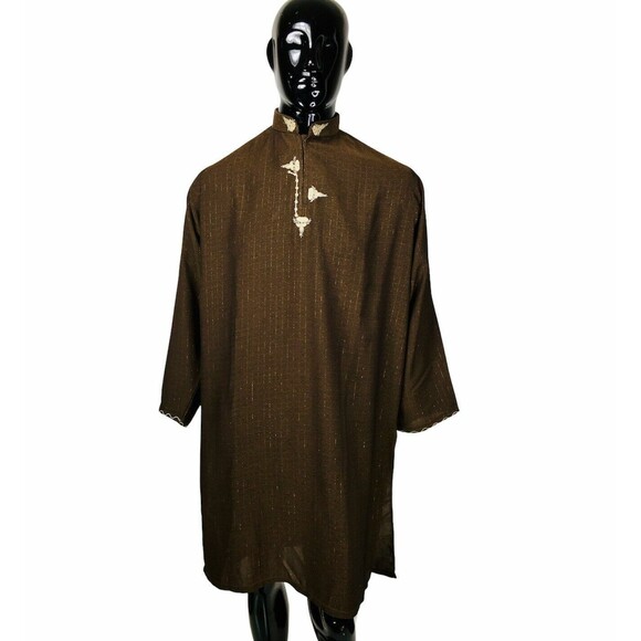 Vintage Traditional Embroidered Brown Metallic Thread Kurta Sherwani Large - Picture 6 of 6